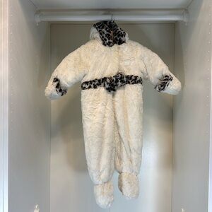 Rothschild Cream with Leopard accent Snow Suit Size 12 Month. Built in Mittens